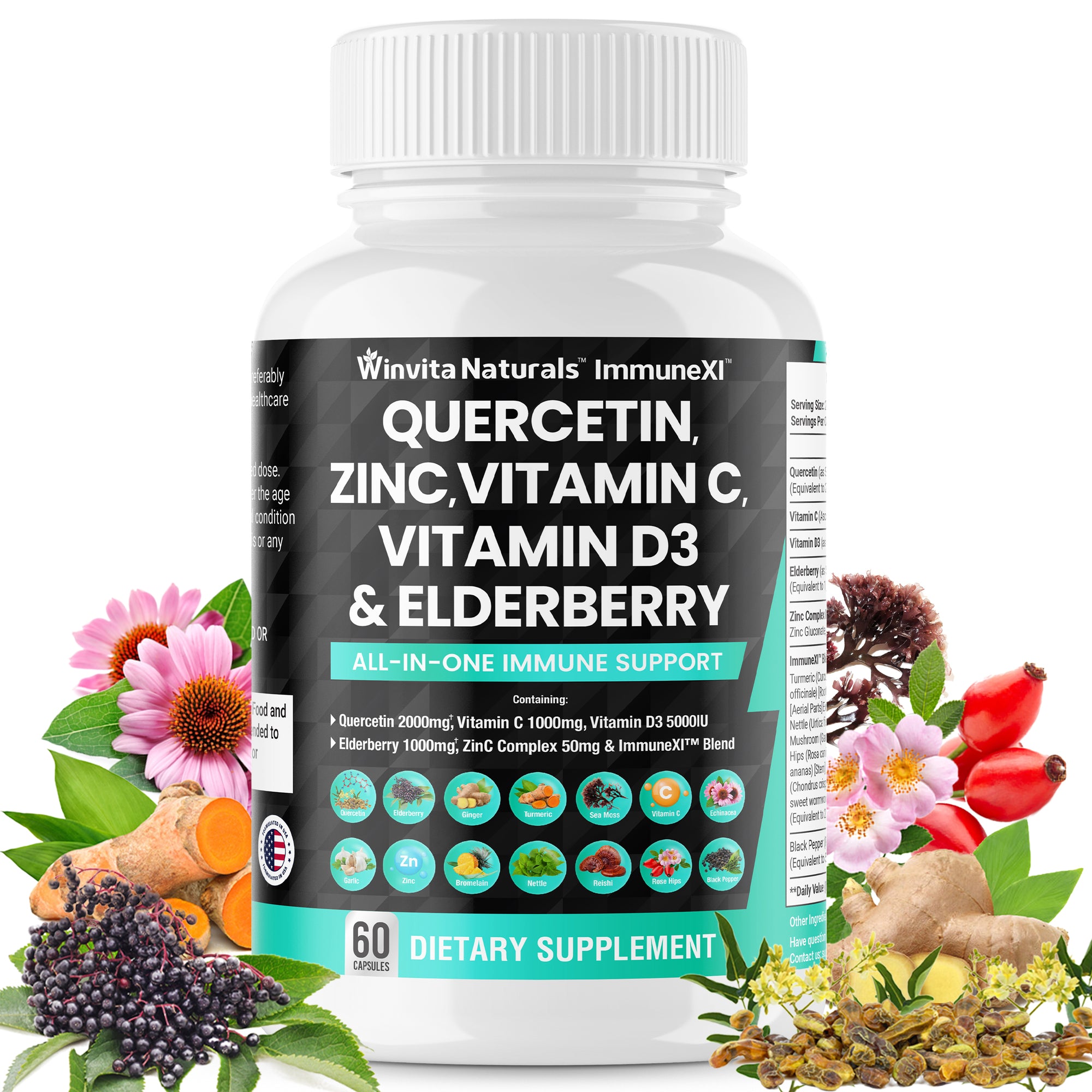 Quercetin 2000mg Zinc 50mg Vitamin C 1000mg Vitamin D3 5000IU - Immune System Support Supplement with Echinacea Ginger Bromelain Sea Moss Garlic Nettle Vegan Capsules USA