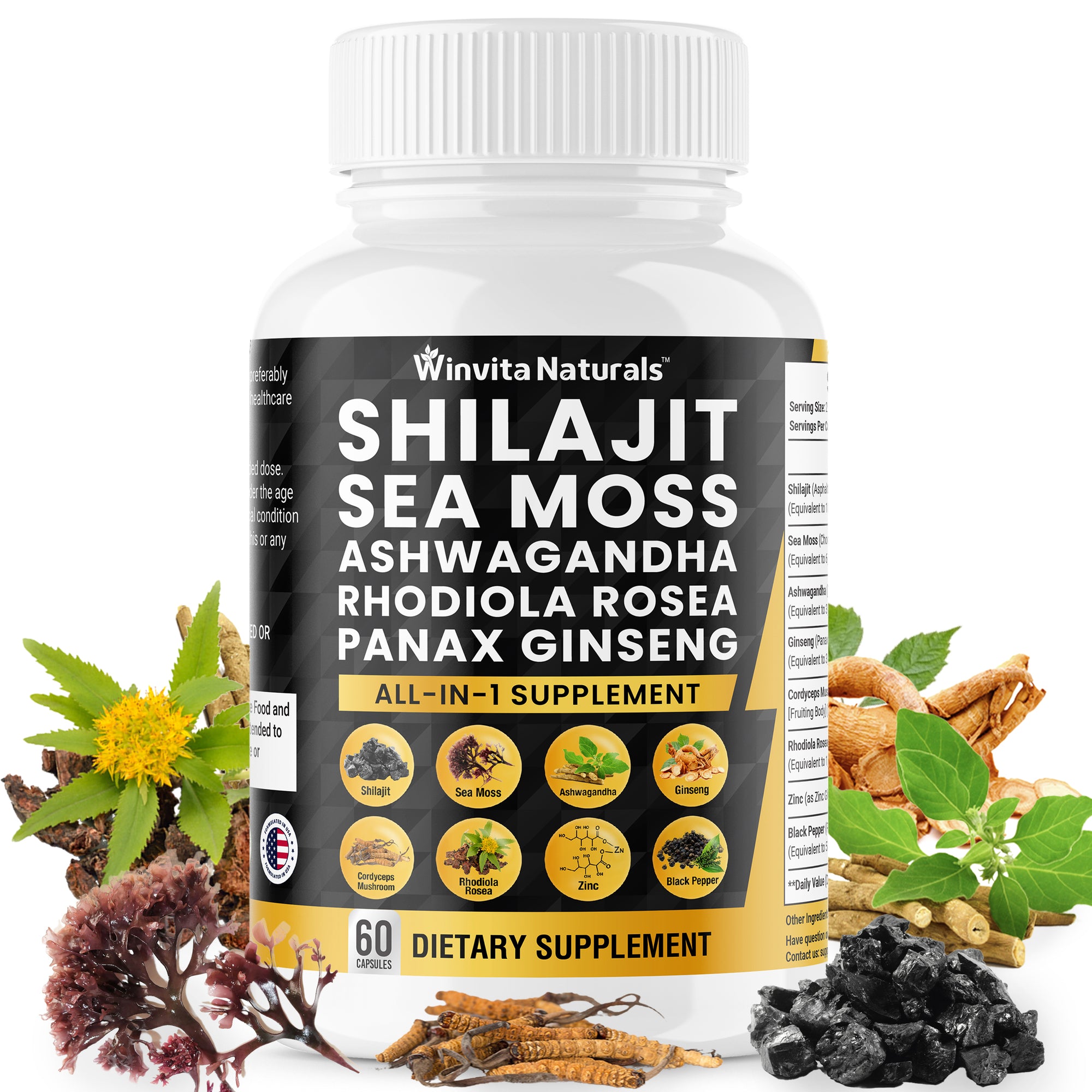 Shilajit Pure Himalayan Organic 10,000mg Sea Moss 6000mg Ashwagandha 3000mg Panax Ginseng 3000mg Cordyceps Rhodiola Rosea 1000mg Zinc – Fulvic Acid & Trace Minerals Shilajit Sea Moss Capsules USA