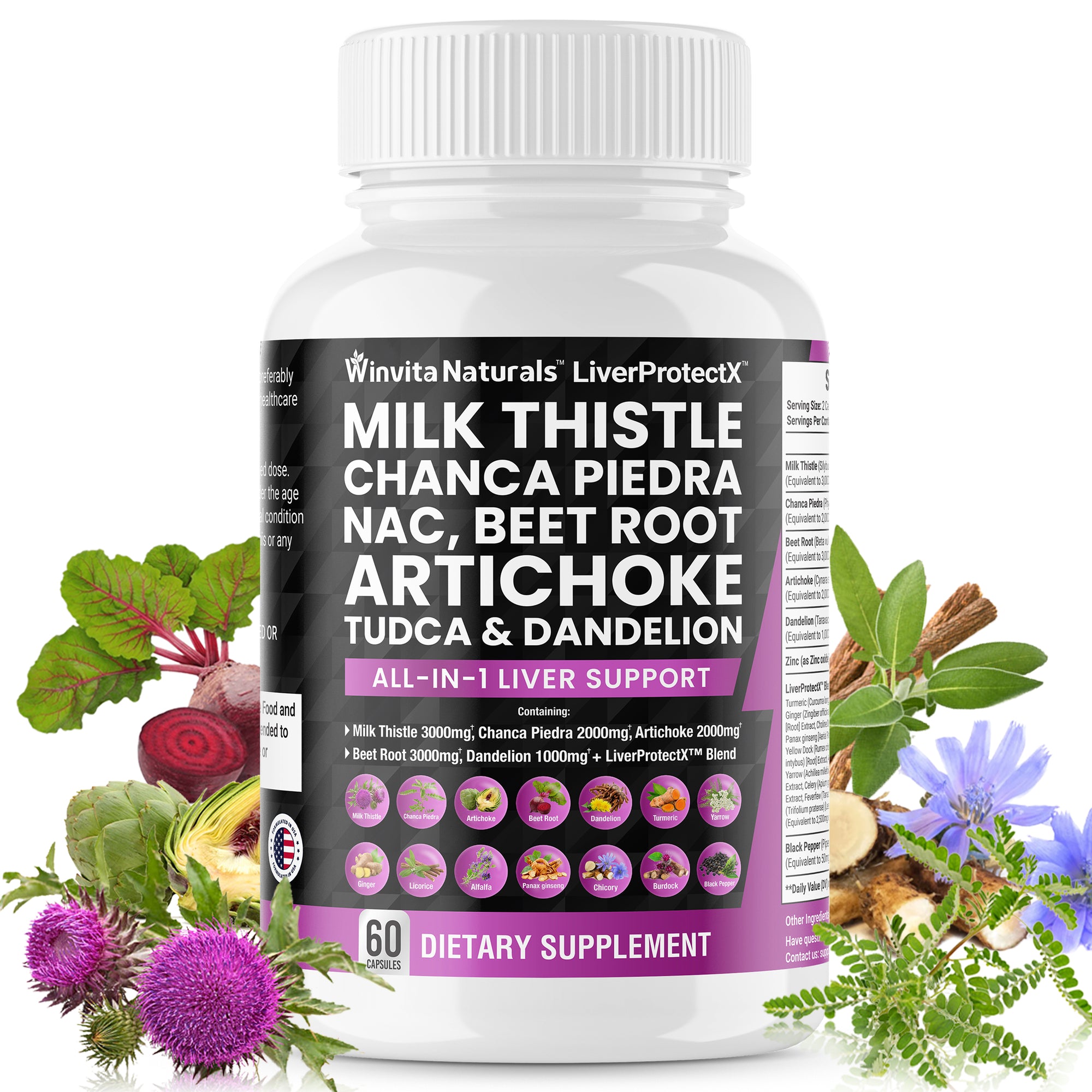 Milk Thistle 3000mg NAC Chanca Piedra 2000mg Beet Root 3000mg Artichoke 2000mg Dandelion 1000mg - Liver Health Support, Cleanse Detox & Repair Supplement Plus TUDCA Choline and Ginger Vegan Caps USA