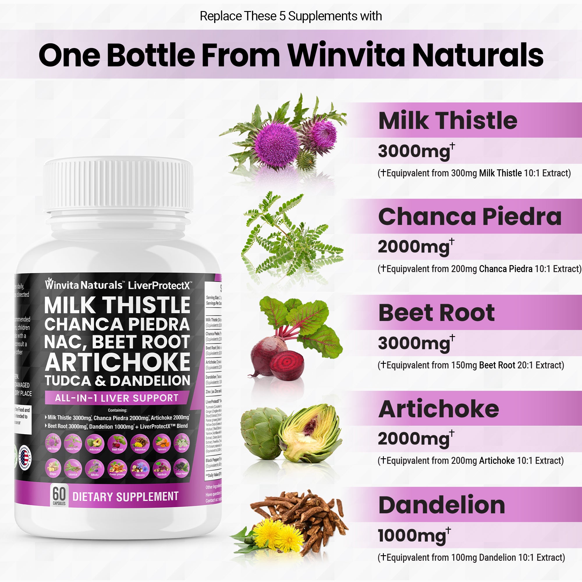 Milk Thistle 3000mg NAC Chanca Piedra 2000mg Beet Root 3000mg Artichoke 2000mg Dandelion 1000mg - Liver Health Support, Cleanse Detox & Repair Supplement Plus TUDCA Choline and Ginger Vegan Caps USA