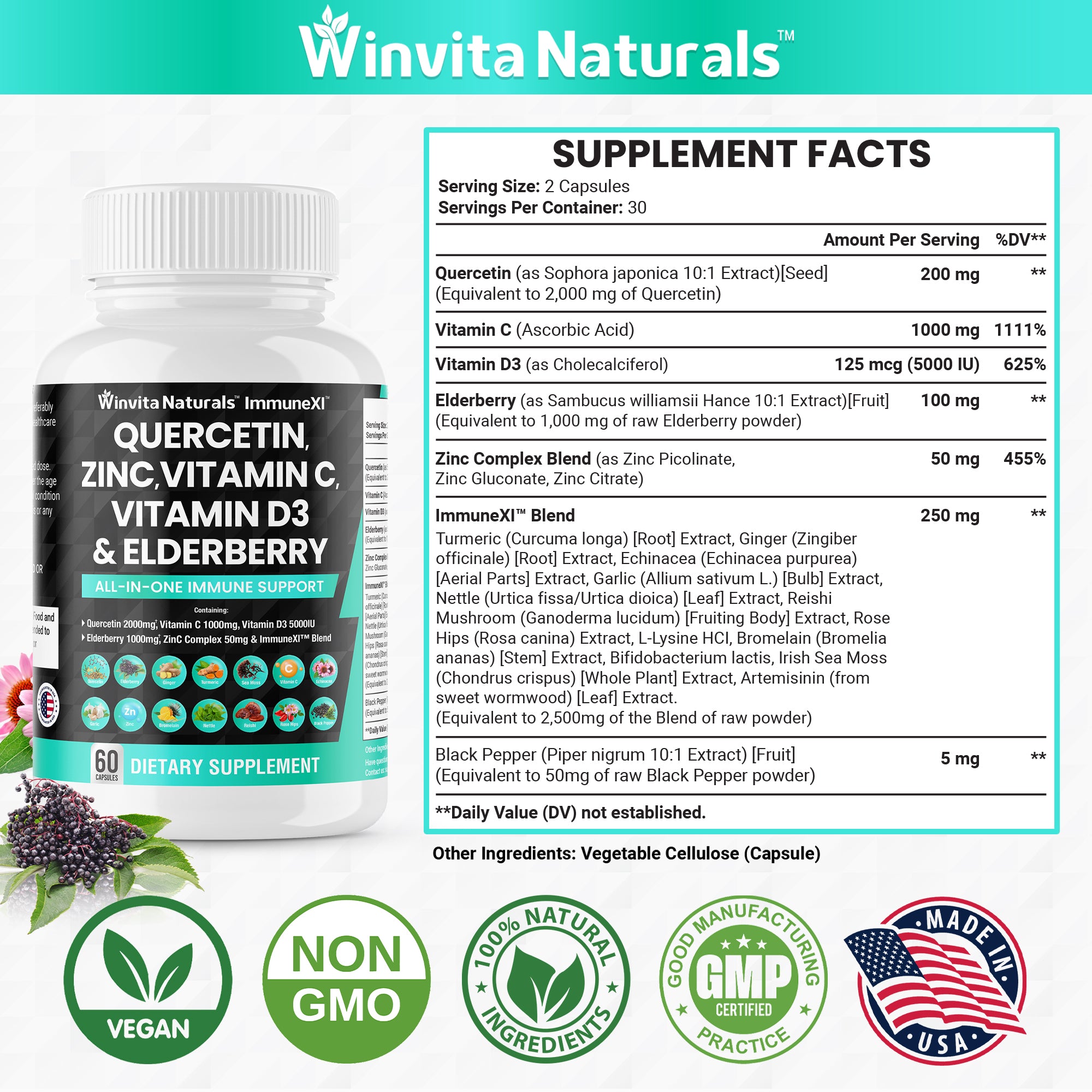 Quercetin 2000mg Zinc 50mg Vitamin C 1000mg Vitamin D3 5000IU - Immune System Support Supplement with Echinacea Ginger Bromelain Sea Moss Garlic Nettle Vegan Capsules USA