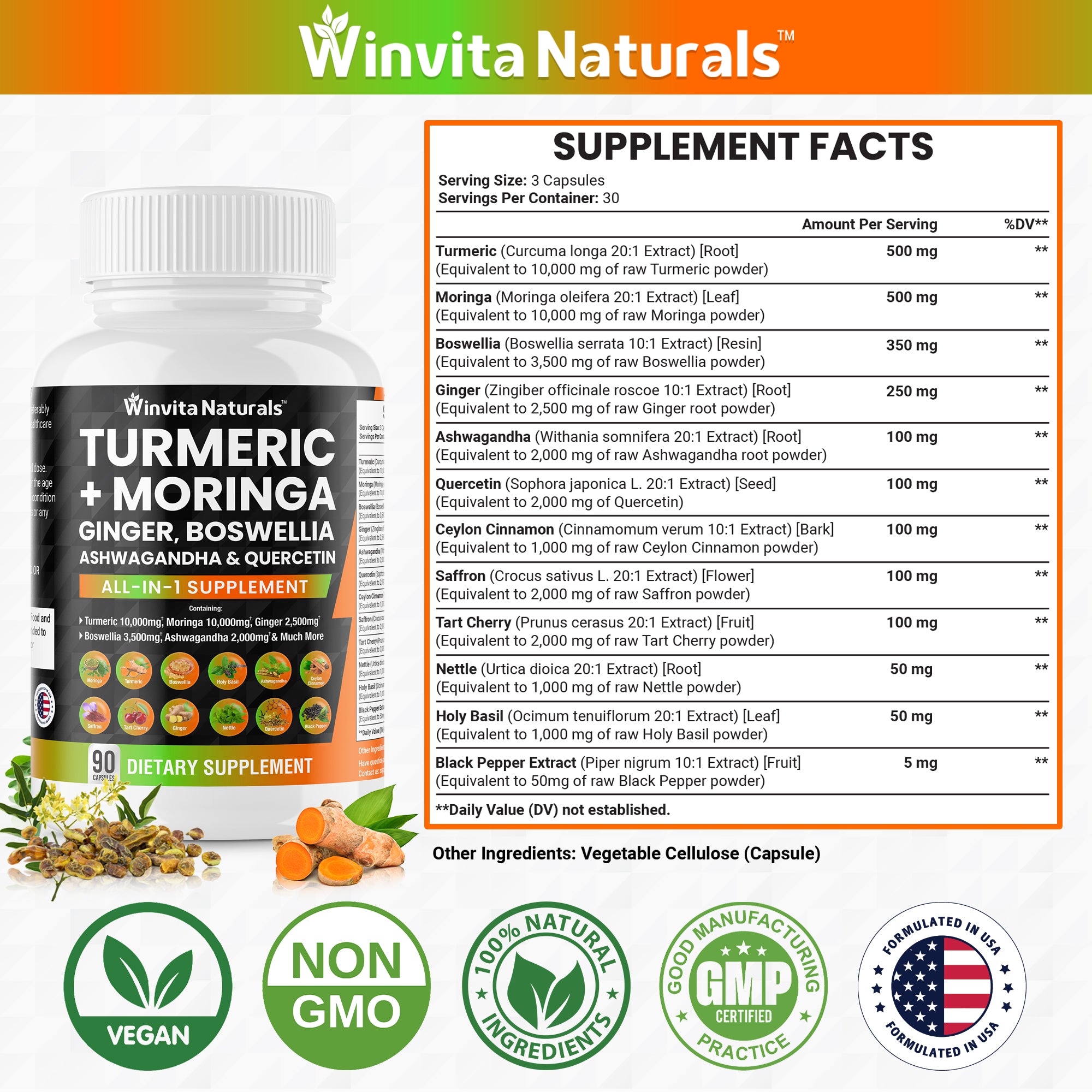 Turmeric Curcumin 10000mg Moringa 10000mg Boswellia 3500mg Ginger 2500mg Saffron 2000mg - Joint Support Supplement for Women and Men with Ceylon Cinnamon, Quercetin, Tart Cherry Vegan Capsules USA