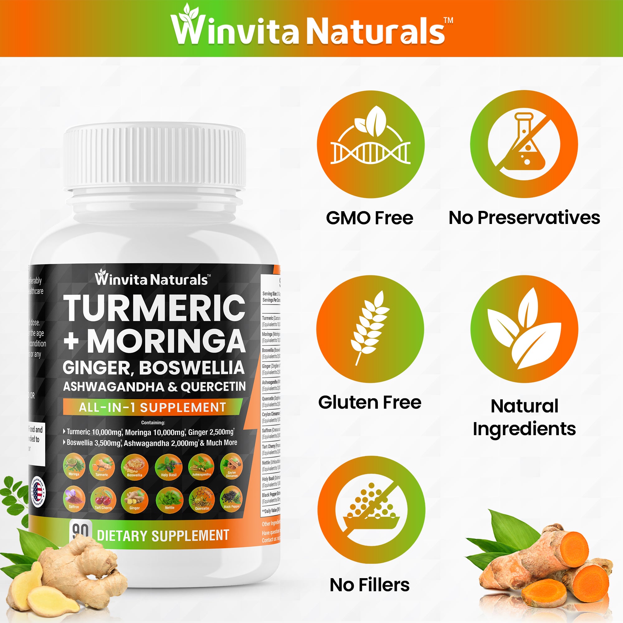 Turmeric Curcumin 10000mg Moringa 10000mg Boswellia 3500mg Ginger 2500mg Saffron 2000mg - Joint Support Supplement for Women and Men with Ceylon Cinnamon, Quercetin, Tart Cherry Vegan Capsules USA