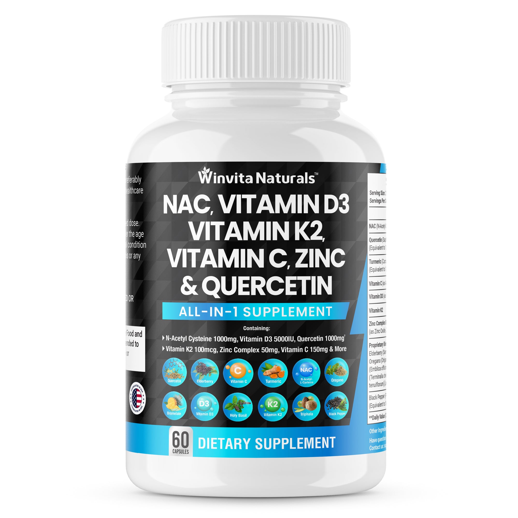 NAC Supplement N-Acetyl Cysteine 1000mg Vitamin C Vitamin D3 K2, Zinc, Sarracenia Purpurea 1000mg Quercetin 1000mg with L-Lysine, Elderberry, Holy Basil, Bee Propolis Bromelain Vegan Capsules USA