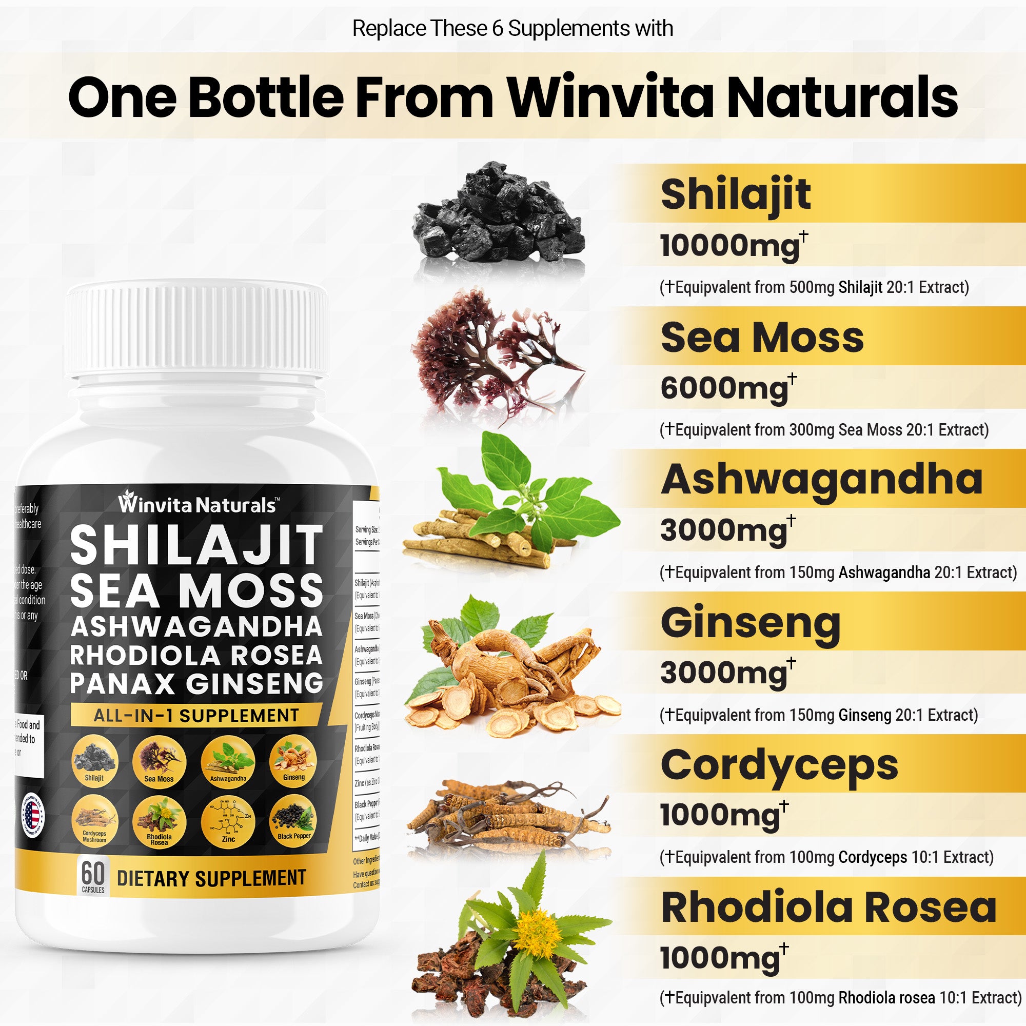 Shilajit Pure Himalayan Organic 10,000mg Sea Moss 6000mg Ashwagandha 3000mg Panax Ginseng 3000mg Cordyceps Rhodiola Rosea 1000mg Zinc – Fulvic Acid & Trace Minerals Shilajit Sea Moss Capsules USA