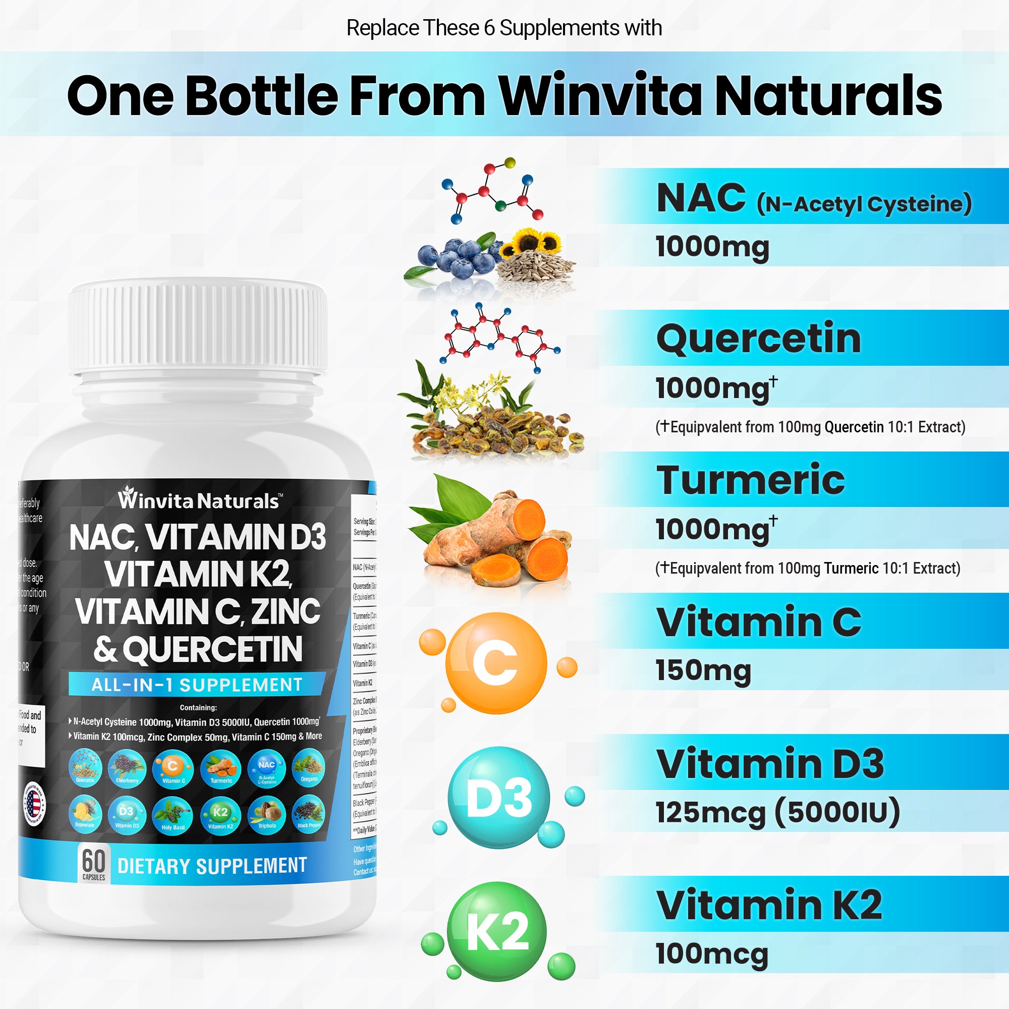 NAC Supplement N-Acetyl Cysteine 1000mg Vitamin C Vitamin D3 K2, Zinc, Sarracenia Purpurea 1000mg Quercetin 1000mg with L-Lysine, Elderberry, Holy Basil, Bee Propolis Bromelain Vegan Capsules USA