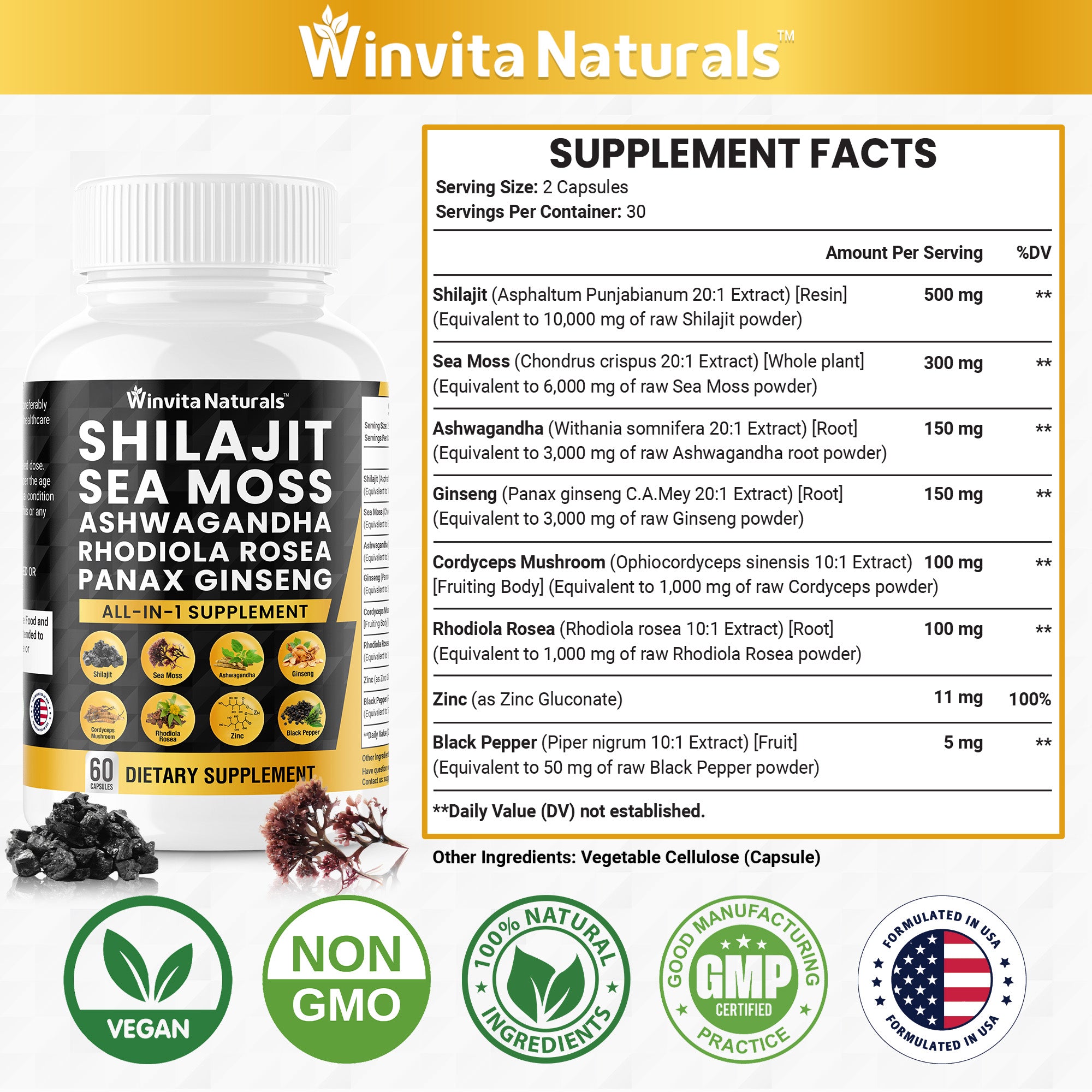 Shilajit Pure Himalayan Organic 10,000mg Sea Moss 6000mg Ashwagandha 3000mg Panax Ginseng 3000mg Cordyceps Rhodiola Rosea 1000mg Zinc – Fulvic Acid & Trace Minerals Shilajit Sea Moss Capsules USA