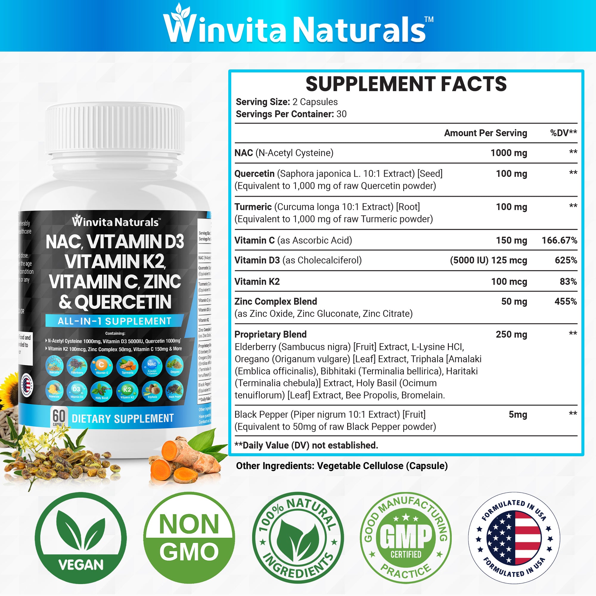 NAC Supplement N-Acetyl Cysteine 1000mg Vitamin C Vitamin D3 K2, Zinc, Sarracenia Purpurea 1000mg Quercetin 1000mg with L-Lysine, Elderberry, Holy Basil, Bee Propolis Bromelain Vegan Capsules USA