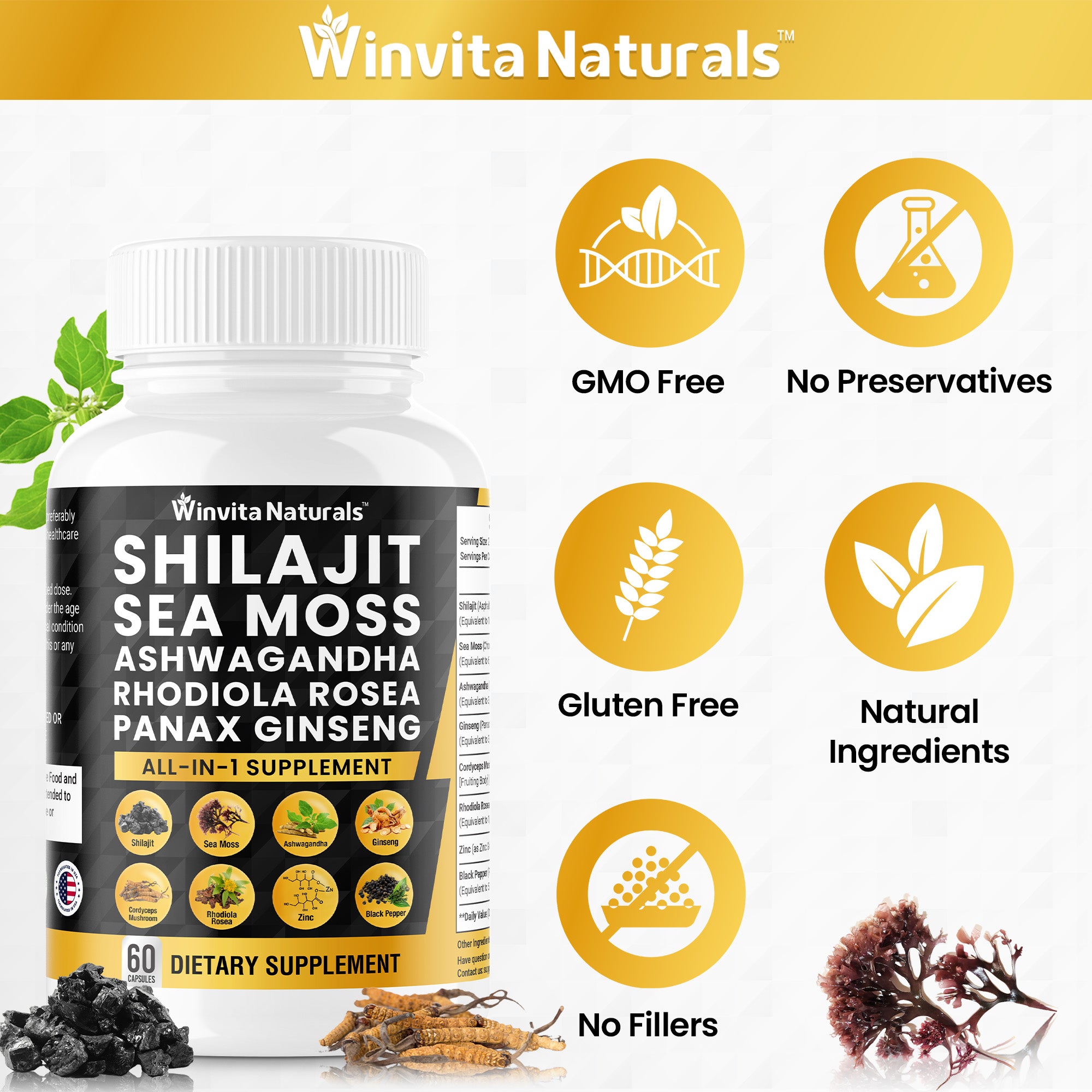 Shilajit Pure Himalayan Organic 10,000mg Sea Moss 6000mg Ashwagandha 3000mg Panax Ginseng 3000mg Cordyceps Rhodiola Rosea 1000mg Zinc – Fulvic Acid & Trace Minerals Shilajit Sea Moss Capsules USA