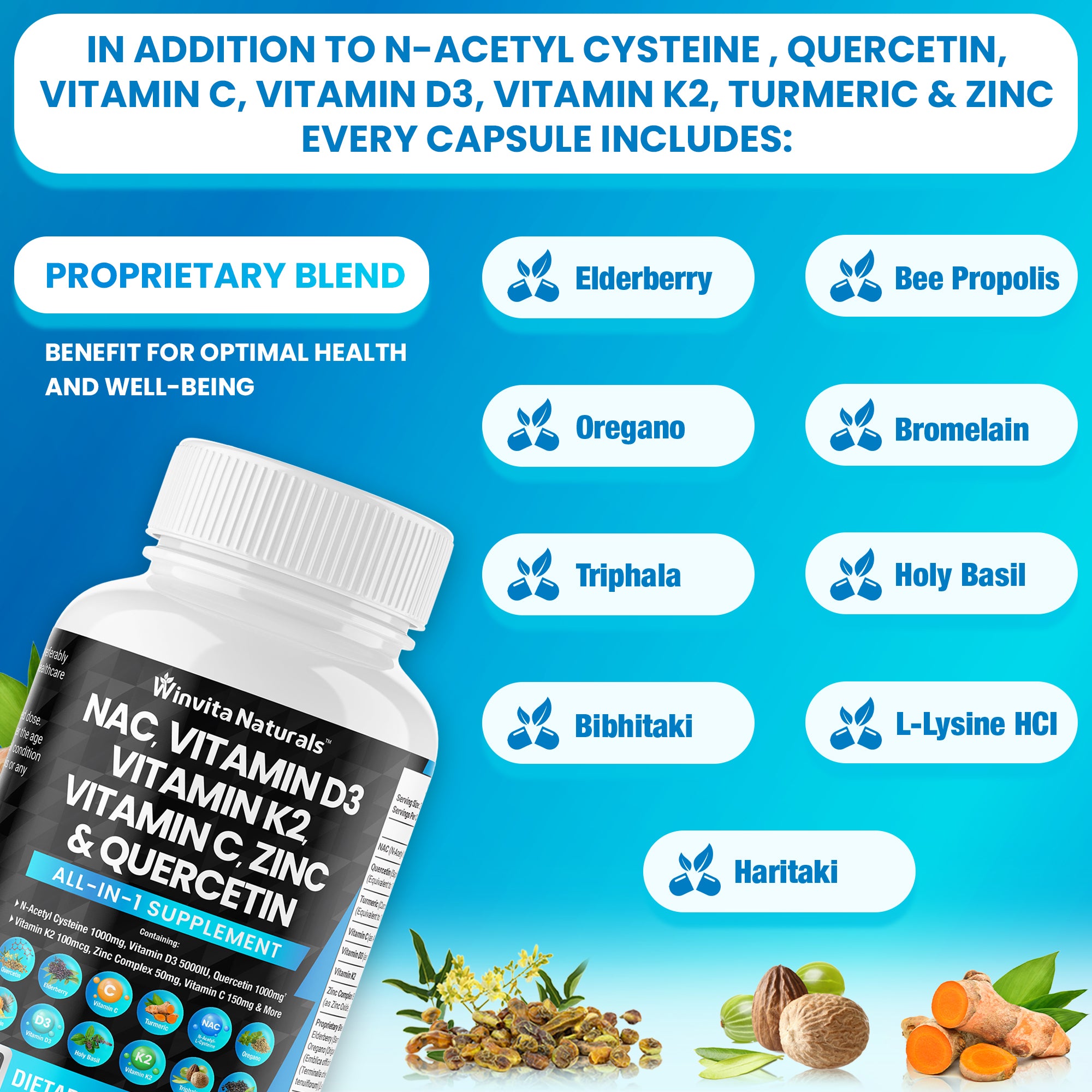 NAC Supplement N-Acetyl Cysteine 1000mg Vitamin C Vitamin D3 K2, Zinc, Sarracenia Purpurea 1000mg Quercetin 1000mg with L-Lysine, Elderberry, Holy Basil, Bee Propolis Bromelain Vegan Capsules USA