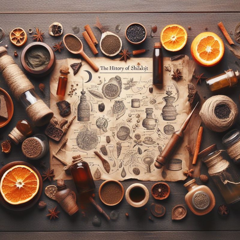 Rustic table layout featuring an old parchment titled 'The History of Shilajit', surrounded by herbs, spices, citrus slices, vintage bottles, and traditional tools.