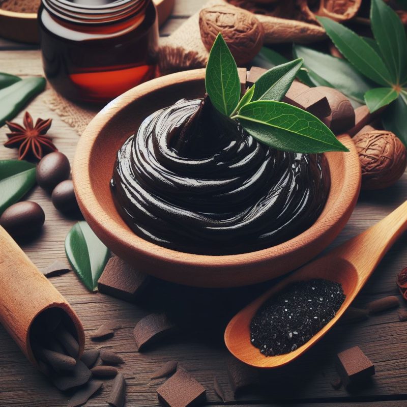 Swirling shilajit paste in a wooden bowl adorned with fresh green leaves, surrounded by chocolate pieces, walnuts, a jar of honey, star anise, and a spoonful of granulated shilajit on a rustic wooden table.
