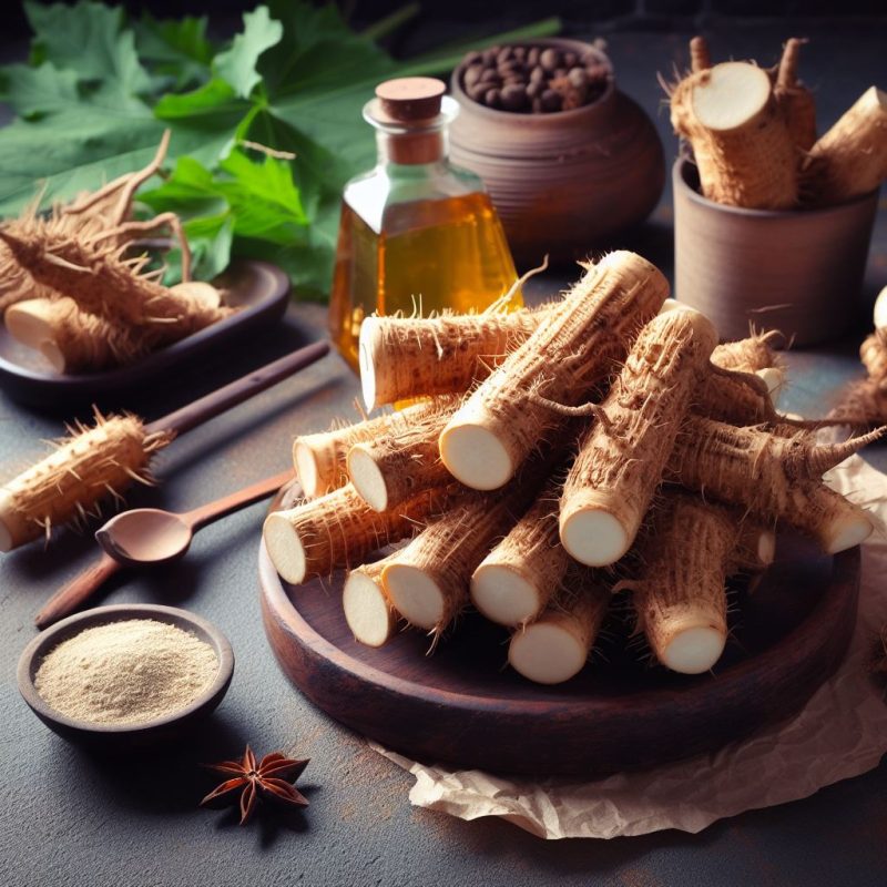 Fresh burdock roots arranged on a wooden platter, accompanied by oil, powder, and leaves, with hints of star anise and coffee beans in the background.