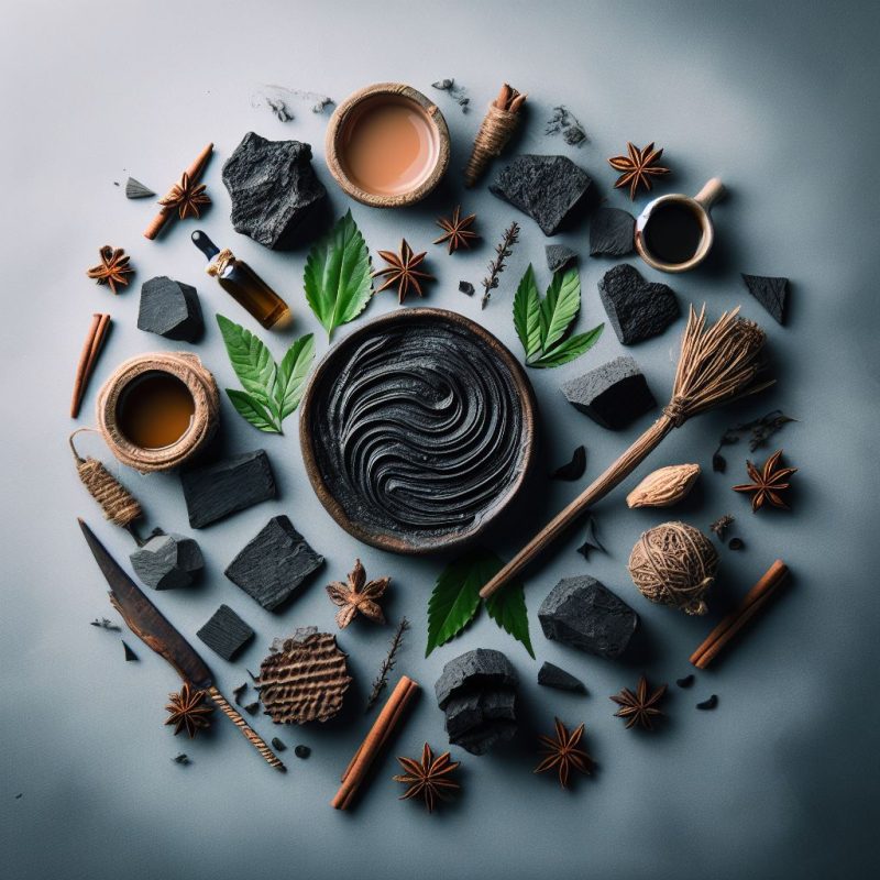 Aesthetically arranged natural elements including raw shilajit chunks, a spiral of black paste in a wooden bowl, cups of tea, green leaves, star anise, cinnamon sticks, and a dropper bottle on a muted blue background.