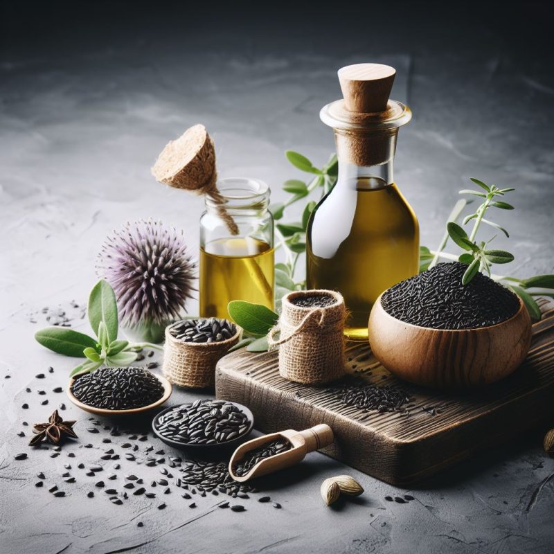 Assorted organic products including black seeds, oils in glass bottles, and a purple thistle flower on a rustic wooden surface.