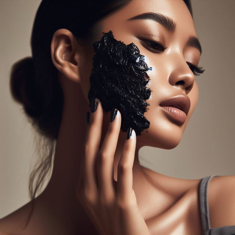 A woman with a flawless complexion applying a thick layer of black Shilajit mask on her cheek, highlighting her well-defined features and glossy lips, against a neutral background.