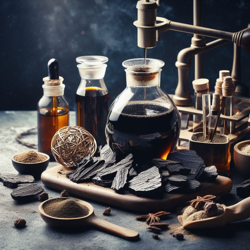 Alchemy-inspired setup with dark amber liquid dripping into a glass flask, surrounded by vials, charcoal pieces, ground powder in spoons, and intricate metallic sphere on a rustic table.