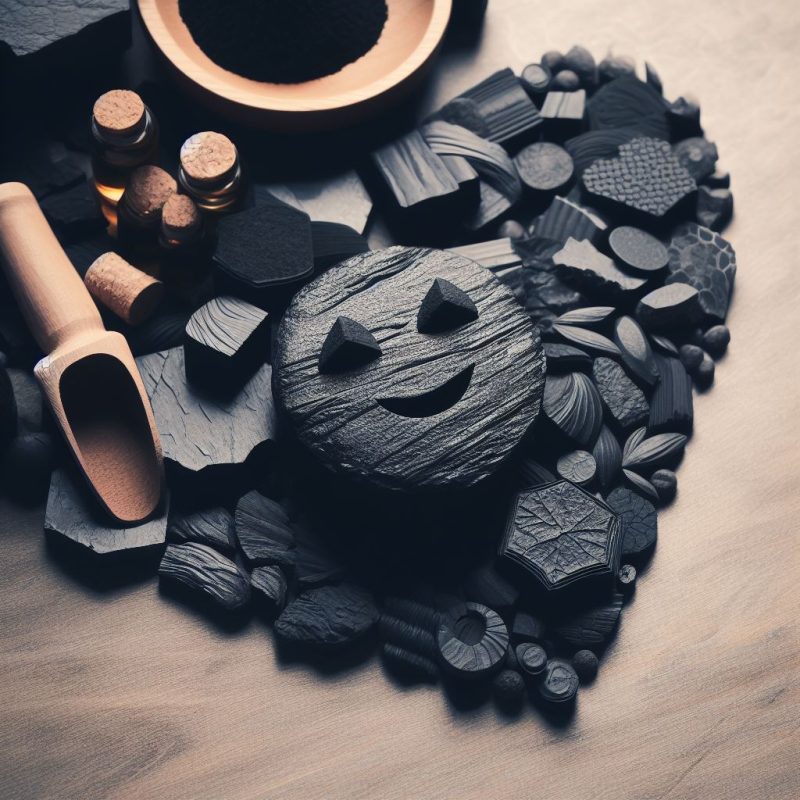 Monochrome setup featuring carved charcoal pumpkin face amidst wooden shapes, small corked bottles, and a wooden scoop, with a textured background.