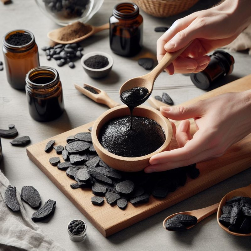 Hands delicately pouring thick, dark shilajit resin from a wooden spoon into a bowl, with amber glass jars, ground powder, and raw shilajit pieces arranged on a light wooden table.