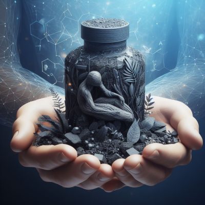 Hand holding a detailed charcoal jar adorned with intricate carvings of nature elements, set against a digital backdrop with molecular structures.