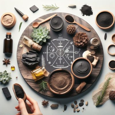 Overhead view of natural ingredients and alchemical symbols arranged on a wooden circle, including Shilajit resin, powder, and oil, with accompanying wooden spoons and plant elements.