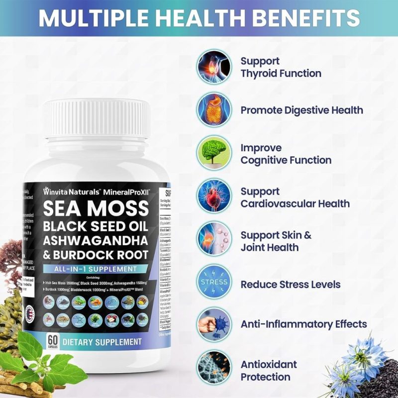A product image of Winvita Naturals' 'MineralProXII' showcasing a dietary supplement bottle labeled 'SEA MOSS, BLACK SEED OIL, ASHWAGANDHA & BURDOCK ROOT'. Highlighted health benefits include supporting thyroid function, promoting digestive health, improving cognitive function, cardiovascular support, aiding skin and joint health, stress reduction, anti-inflammatory effects, and antioxidant protection. Visual aids with corresponding organs and elements emphasize each benefit.