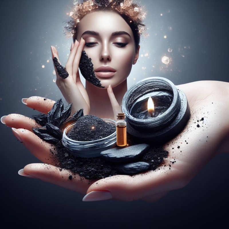 Ethereal woman with closed eyes surrounded by floating Shilajit products, including a candle-lit jar, black raw pieces, and a vial of liquid extract, set against a mystical backdrop.