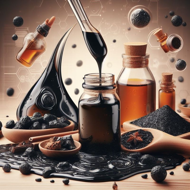 An intricate scene showcasing various essential oils and extracts being poured into glass bottles, with wooden spoons containing dried herbs and spices. A digital molecular structure background suggests the scientific aspect of these natural ingredients.