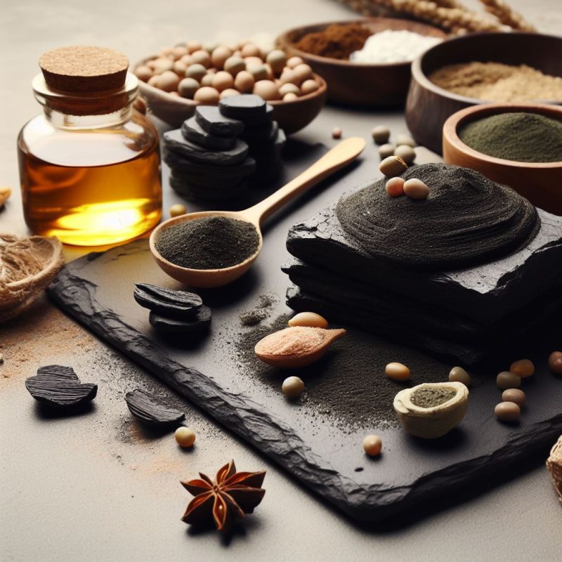 Assortment of natural ingredients on a slate background, featuring a glowing amber bottle of oil, stacked charcoal discs, various ground powders in wooden spoons and bowls, beige beads, and a star anise accent.