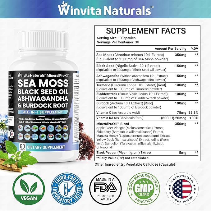 Winvita Naturals' MineralProXII™ dietary supplement bottle showcasing key ingredients like Sea Moss, Black Seed Oil, Ashwagandha, and Burdock Root. Beside it, a 'Supplement Facts' panel lists ingredients and their amounts per serving. The product is vegan and made in an FDA registered facility with third-party lab tested and GMP certifications displayed at the bottom.