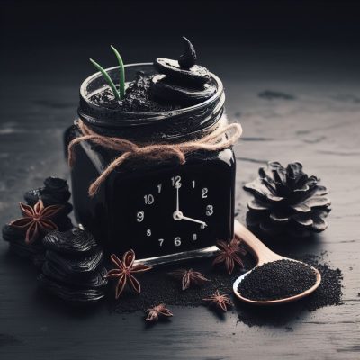 A rustic jar filled with rich black substance, adorned with a sprouting green shoot, placed beside a vintage clock, star anise spices, coiled black material, and a pinecone. A wooden spoon with granulated black contents sits in the foreground.