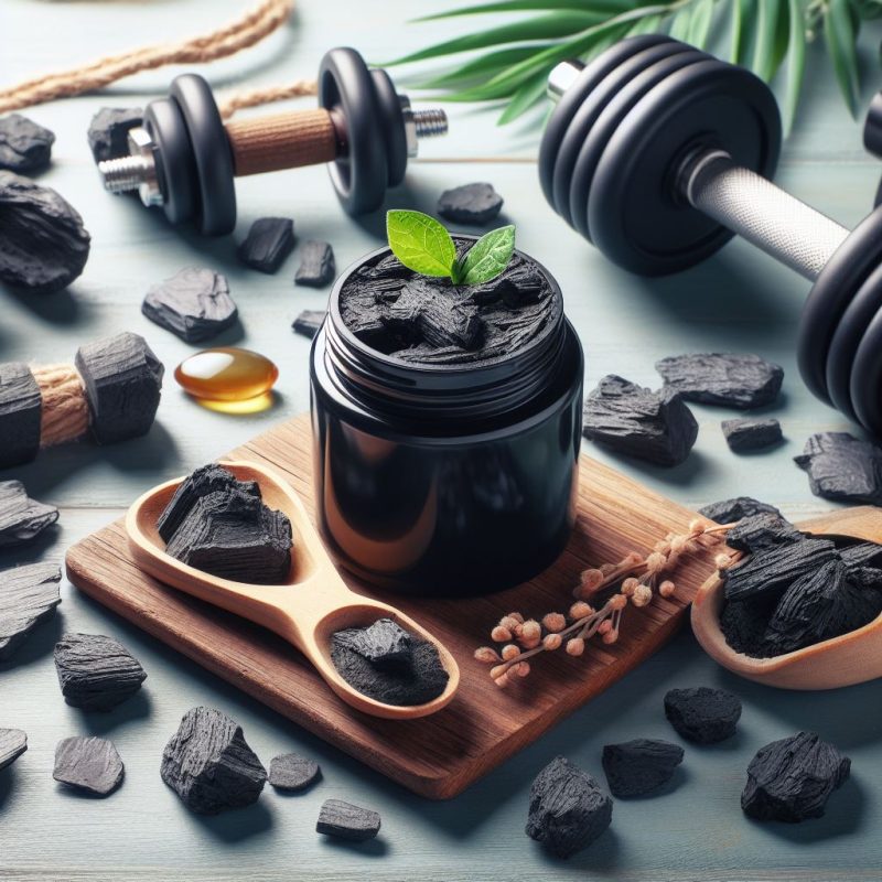 A jar of Shilajit resin garnished with a fresh leaf, placed beside wooden spoons filled with Shilajit chunks, all set against a backdrop of fitness dumbbells, scattered Shilajit pieces, and a droplet of amber liquid on a light blue wooden surface.