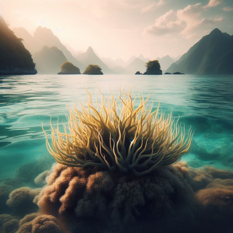 Surreal landscape with golden aquatic plant rising from turquoise waters, framed by distant mountains and a sunlit sky.