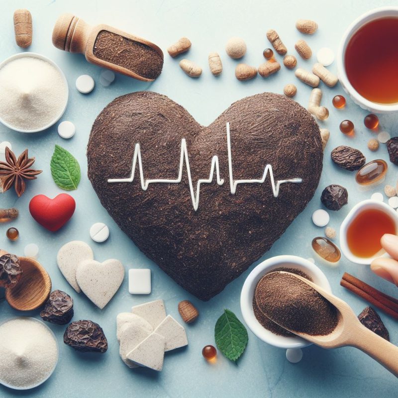 A heart-shaped composition of natural ingredients, with a heartbeat line across it, surrounded by spices, tea, and wellness capsules on a light blue background.