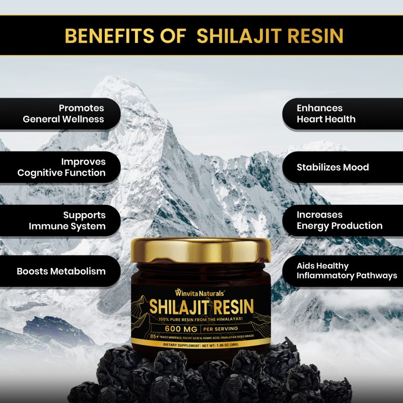 An informational graphic showcasing the benefits of Shilajit Resin. In the background, a majestic snow-covered mountain peak represents the Himalayas. Prominent benefits listed include promoting general wellness, improving cognitive function, supporting the immune system, boosting metabolism, enhancing heart health, stabilizing mood, increasing energy production, and aiding healthy inflammatory pathways. In the foreground, a labeled jar of 'Winvita Naturals' Shilajit Resin states '100% Pure Resin from the Himalayas' and provides additional product details.