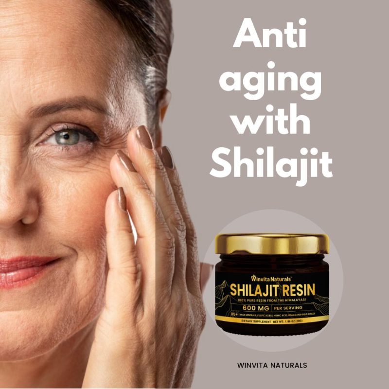 Close-up of a mature woman's face touching her temple, highlighting her radiant skin, juxtaposed with a jar labeled 'WinVita Naturals SHILAJIT RESIN', accompanied by the text 'Anti aging with Shilajit'