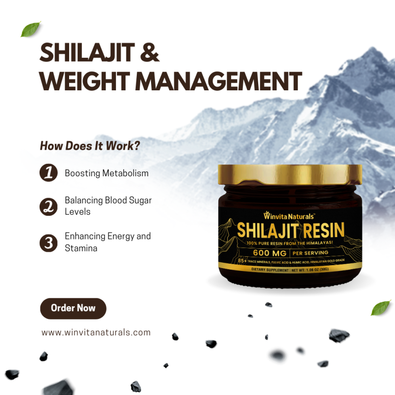 Promotional image for 'WinvitaNaturals Shilajit Resin' highlighting its benefits in weight management. The backdrop features snowy Himalayan peaks. The product claims include boosting metabolism, balancing blood sugar levels, and enhancing energy and stamina. A 'Order Now' button is present with the website link 'www.winvitanaturals.com'.