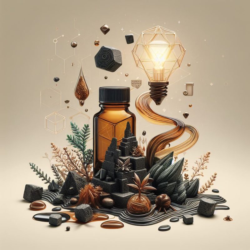 A surreal illustration featuring a glowing light bulb, a glass bottle filled with amber liquid, and various geometric shapes and natural elements like rocks, crystals, and plants, all interconnected with flowing lines and molecular structures against a warm beige background.