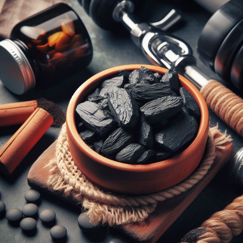 A wooden bowl filled with black Shilajit chunks, next to fitness dumbbells, a bottle of supplements, and cinnamon sticks, all set on a dark rustic surface with scattered pebbles and a fringed jute mat.