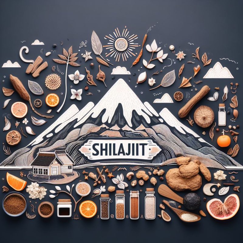 Artistic flat lay of Shilajit-inspired elements including a central mountain, botanicals, spices, and fruits, set against a dark background, with a bold label reading 'SHILAJIT' at the mountain's base.