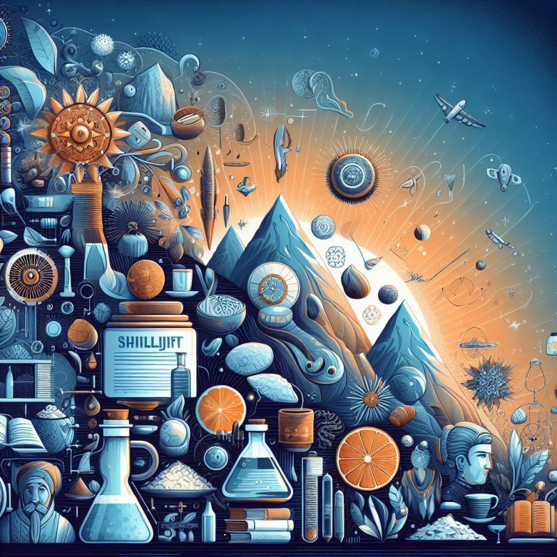 Vibrant illustration depicting the world of Shilajit, with a mix of mountains, celestial bodies, traditional and scientific elements, and a prominent jar labeled 'SHILAJIT' amidst diverse symbols of nature and culture.
