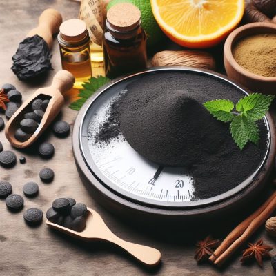 Variety of natural ingredients on a wooden table, including a scale with powdered substance, amber bottles, citrus slices, wooden scoops with dark tablets, fresh mint leaves, and spices.