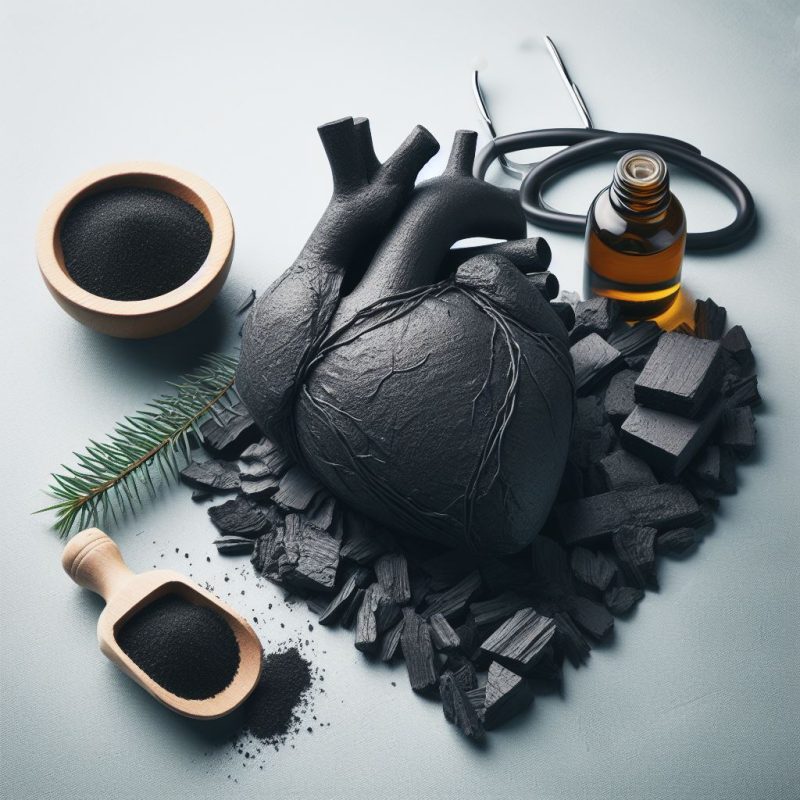 An artistic representation of a heart made from Shilajit, accompanied by bowls of Shilajit powder, chunks, a bottle of amber liquid, and a stethoscope, set against a light-blue backdrop with a touch of greenery.