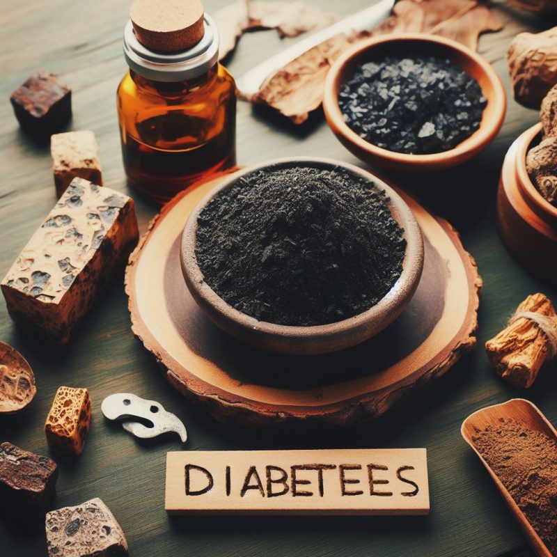 Ground shilajit in a clay bowl on a wooden surface surrounded by amber bottles, stone blocks, and wooden cubes spelling 'DIABETEES', with other natural elements.
