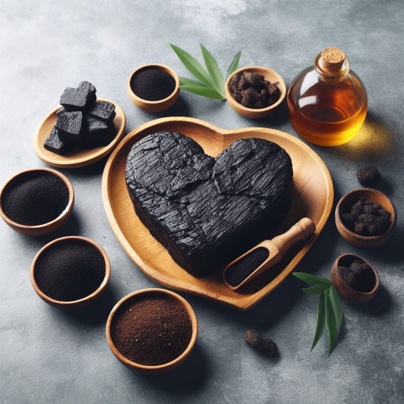 A heart-shaped block of Shilajit on a wooden plate, surrounded by smaller Shilajit pieces, bowls of powdered forms, and a glass bottle of amber liquid, set on a textured gray background with green leaves.