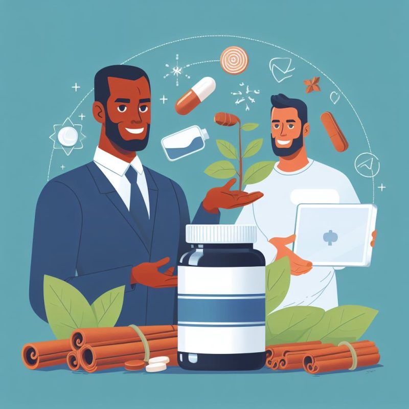 An illustration showing two men, one dressed in a business suit and the other in a casual shirt with rolled-up sleeves, presenting a large supplement bottle. They are surrounded by icons representing health and wellness, including plants, capsules, a tablet with a cross symbol, and cinnamon sticks, suggesting a focus on natural health products and technology in healthcare.