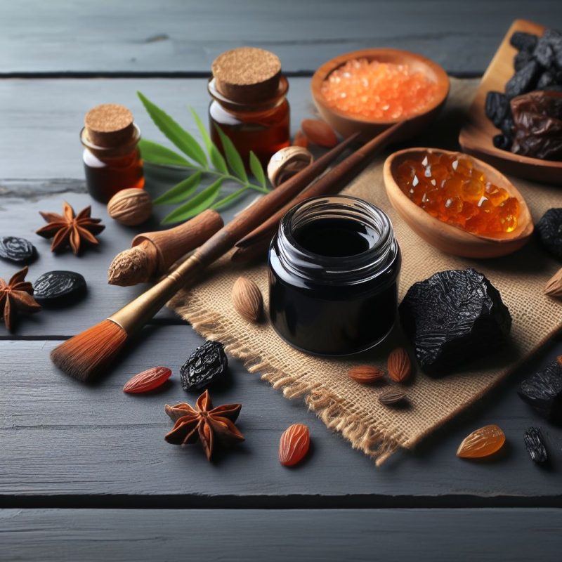 An assortment of natural skincare ingredients and products on a dark wooden surface. Central to the image is an open jar of black cosmetic cream. Accompanying the jar are various natural elements including amber-colored jars with cork lids, a wooden spoon with orange salt crystals, star anise, dried black prunes, almond nuts, and a makeup brush. The arrangement conveys an organic and holistic approach to beauty and self-care.