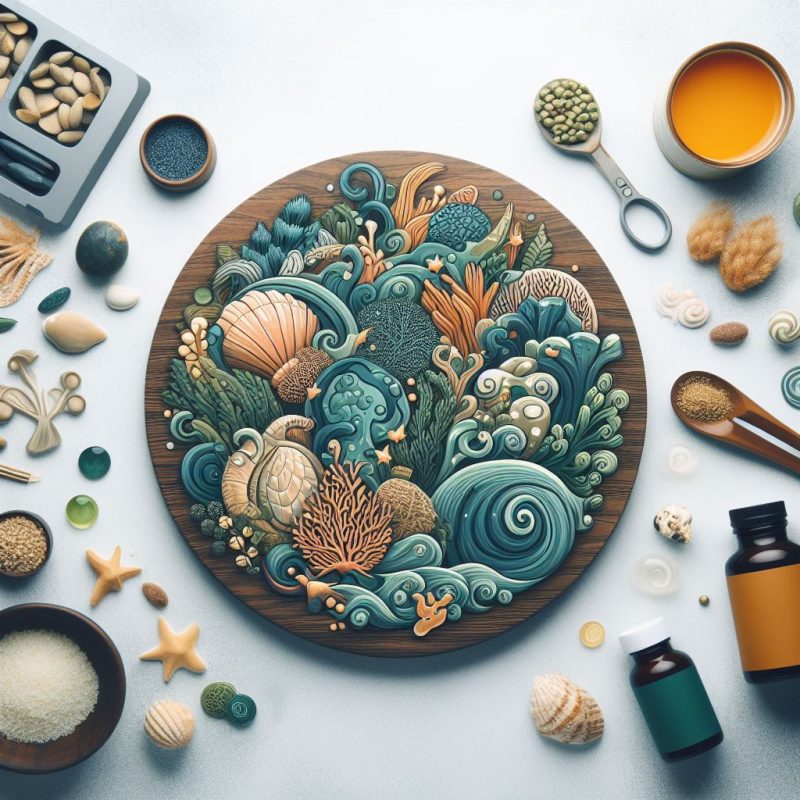 A stunning, intricate artwork of an underwater seascape with various marine plants and animals carved into a circular wooden board. The scene includes swirling patterns representing waves, detailed coral, and sea creatures such as fish and a turtle, all in a harmonious palette of blues and greens. Surrounding the board are supplements, a bowl of rice, shells, and a liquid-filled jar, suggesting a connection between marine biodiversity and health products.