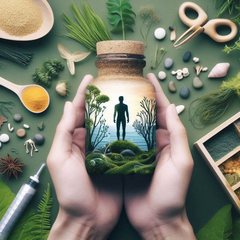 An artistically crafted image depicts hands holding a jar with a cork lid. Inside the jar, a silhouette of a man stands amidst a lush landscape with moss, seaweed, and coral, against a backdrop of a sunset over the ocean. Surrounding the jar are various natural elements and tools, such as herbs, spices in spoons, mushrooms, pebbles, scissors, and a syringe, all arranged on a green surface, symbolizing a holistic approach to health and wellness.
