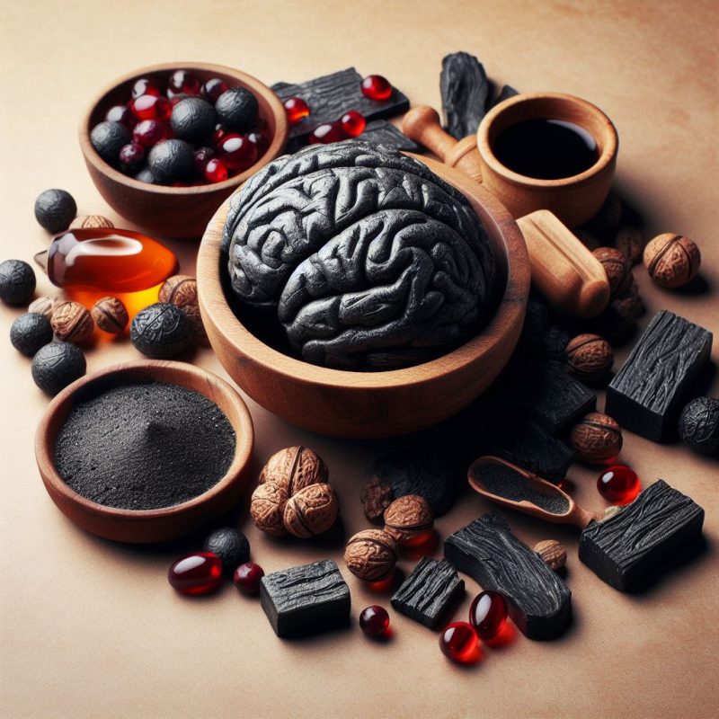 An intricately detailed brain sculpture in a wooden bowl surrounded by assorted nuts, red berries, charcoal pieces, and a spoonful of dark liquid, symbolizing brain nutrition.